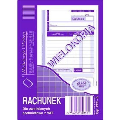 RACHUNEK DLA ZWOLNIONYCH Z VAT A6 (WIELOKOPIA)