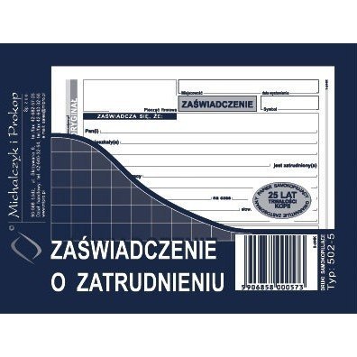 ZAŚWIADCZENIE O ZATRUDNIENIU A6 (O+1K)